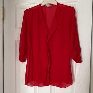 Red Women's Sheer Blouse - Classic Button-Front Style